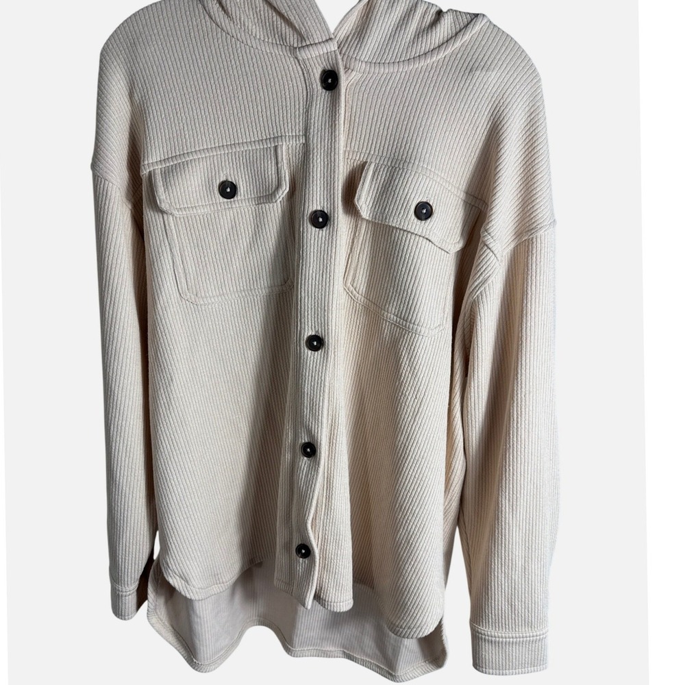 Time and Tru Womens Cream Ribbed Hooded Shacket Button Front Beige Large 12-14